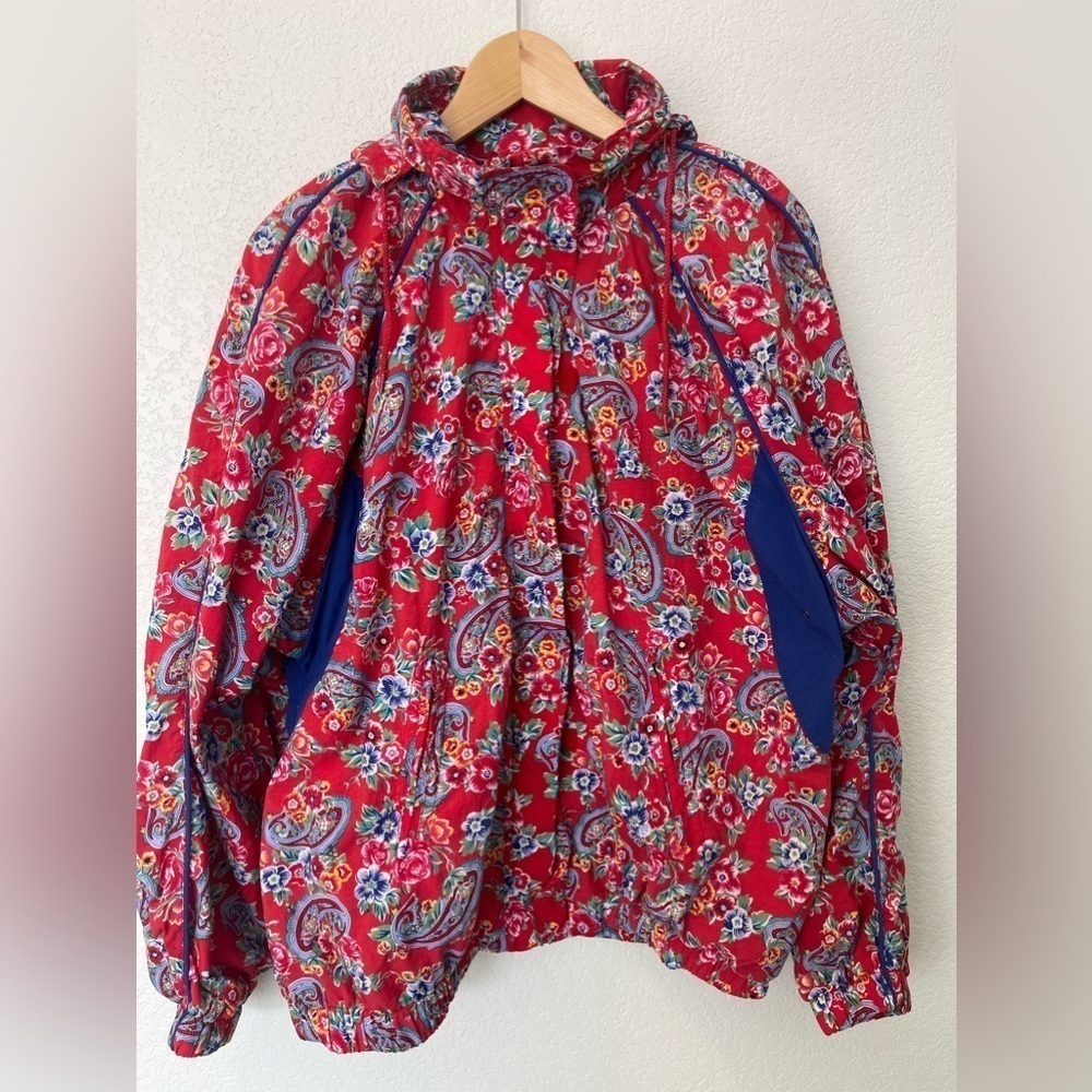 Vintage 90s Liz Sport Floral Paisley Printed Nylon Jacket Red XL Packable Hood
